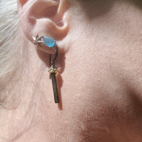 green tourmaline & sterling & gold long pillar earrings - Picture 9 of 10